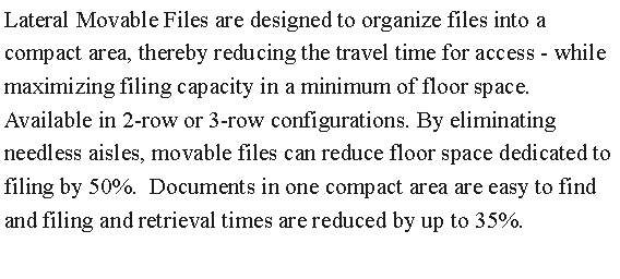 Text Box: Lateral Movable Files are designed to organize files into a compact area, thereby reducing the travel time for access - while maximizing filing capacity in a minimum of floor space. Available in 2-row or 3-row configurations. By eliminating needless aisles, movable files can reduce floor space dedicated to filing by 50%.  Documents in one compact area are easy to find and filing and retrieval times are reduced by up to 35%.